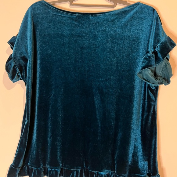 Wi & Co Teal Velvet Short Ruffle Sleeve Top - Picture 3 of 4